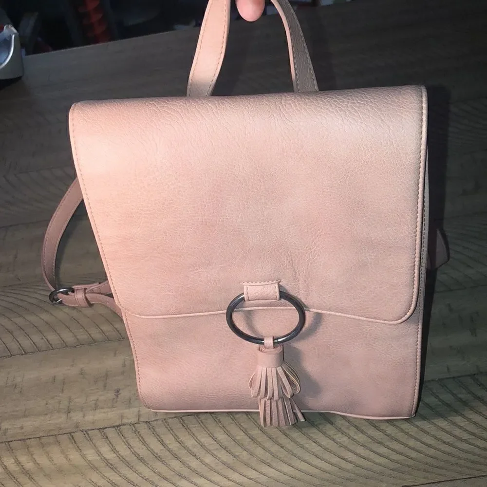 NWOT Pink Ring 💍 & Tassle Vegan Backpack Adjustable Straps. Pull Handle. Snap.